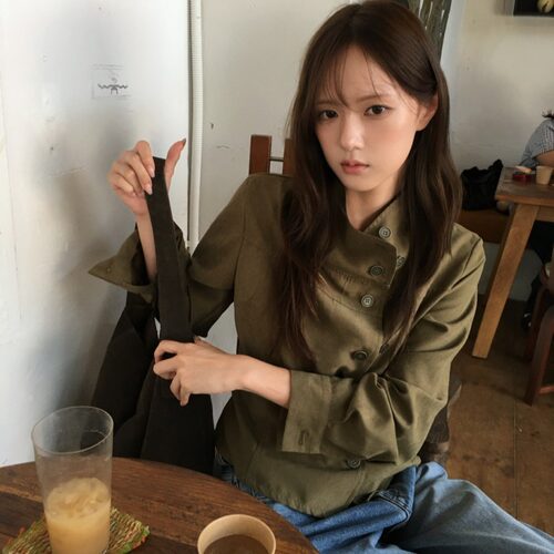 已出货韩国chic秋冬新款韩系复古立领双排扣衬衫外套