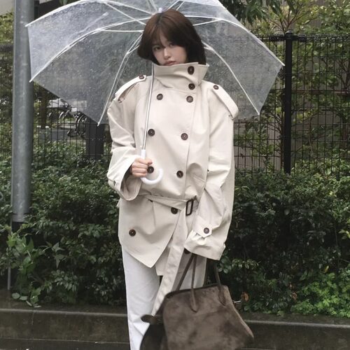 有货安宥真同款白色双排扣立领风衣冷都女高智感韩系廓形外套