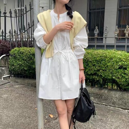 有货 洋气抽绳收腰衬衫式韩国ins被问爆了的那条韩里韩气连衣裙