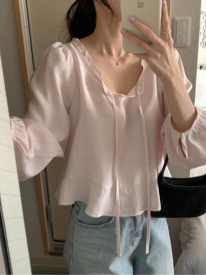 韩国chic春日 气质飘带 荷叶边 长袖衬衫