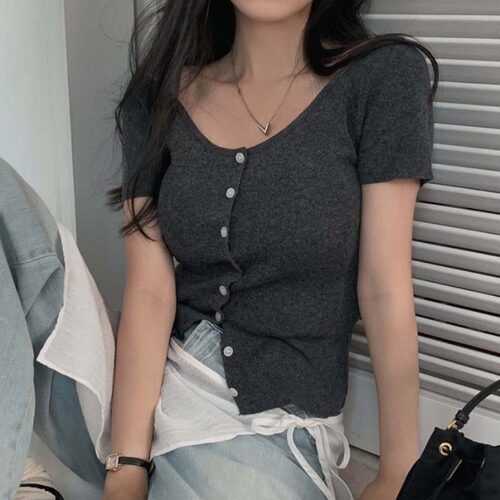 已出货尺码更新韩国chic夏季新款V领露肩针织衫女修身显瘦上衣