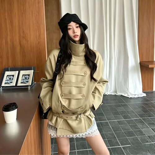 有货2026秋季新款美式复古拿破仑扣帅气立领宽松夹克风衣外套女