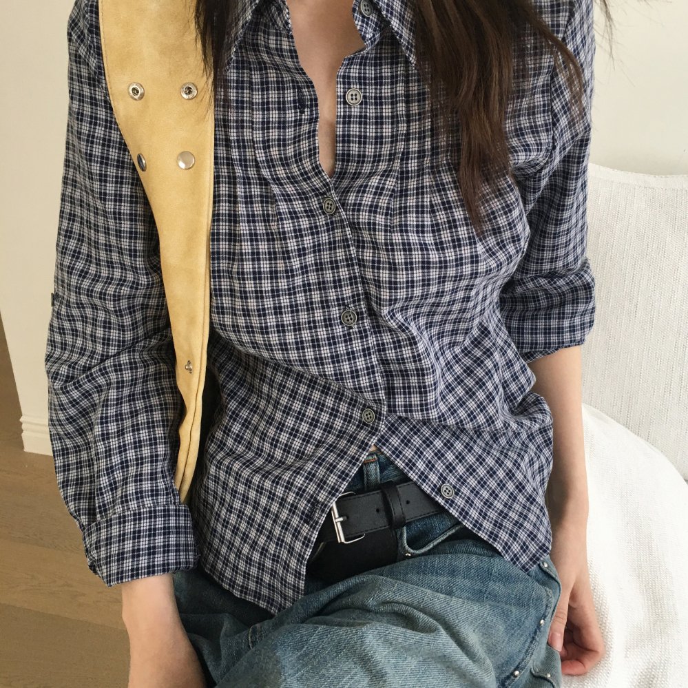 韩国chic 春日 收腰 显瘦 条纹 长袖衬衫