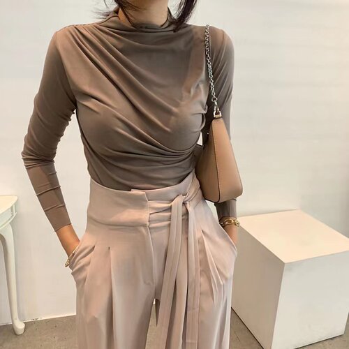 已出货尺码更新韩国chic秋季复古半高领长袖T恤女修身显瘦打底衫