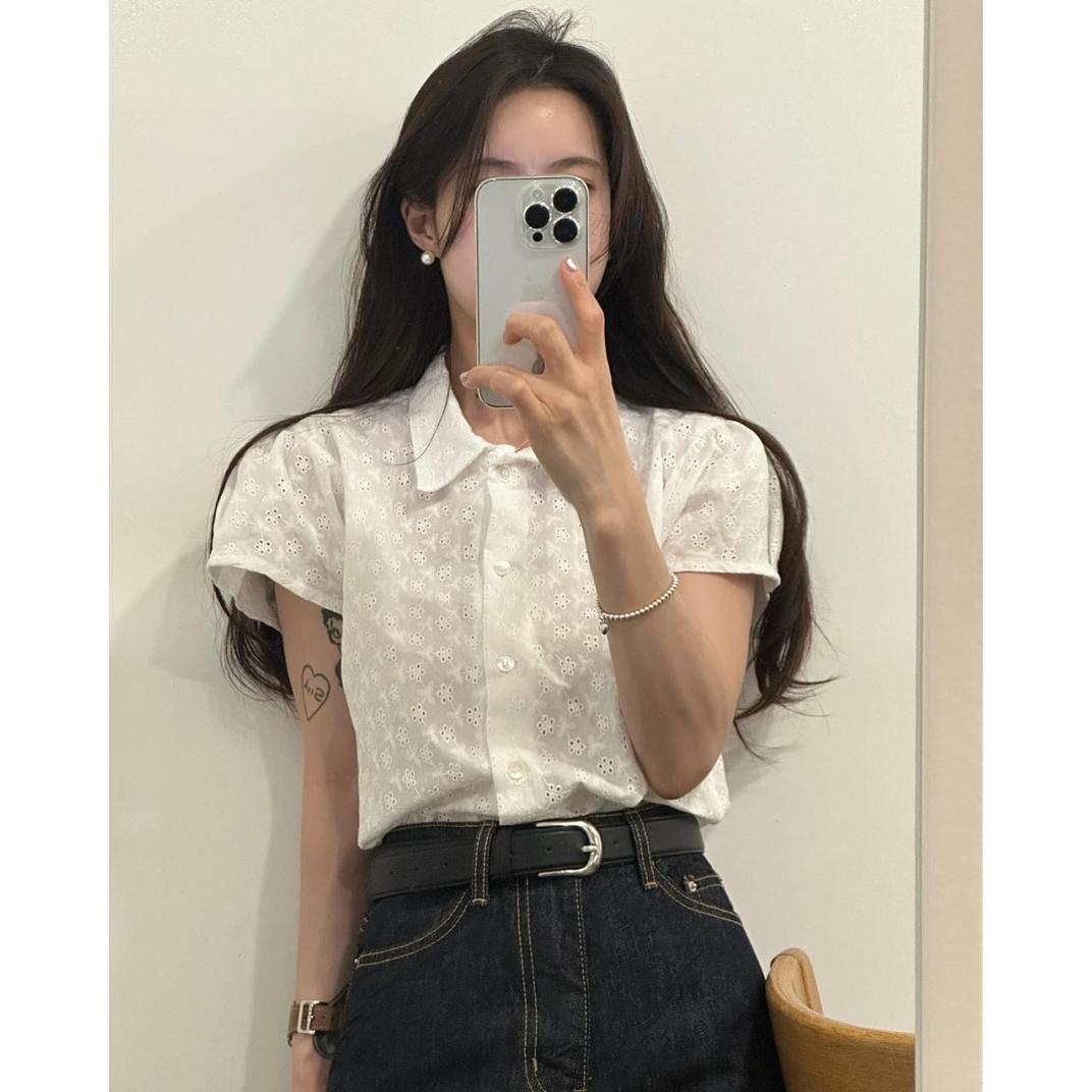 尺码更新 韩国chic 夏日 镂空 单排扣 全棉 绣花 短袖衬衫