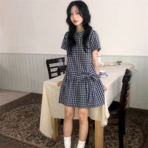 有货 韩国ins甜美少女日系复古格纹蝴蝶结系绳温柔短袖娃娃连衣裙