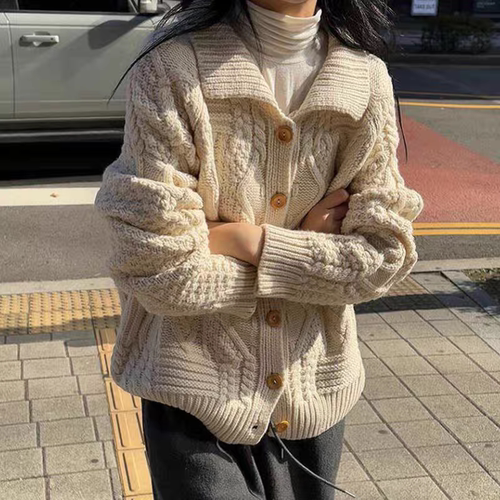 已出货   韩国ins  麻花纹翻领针织毛衣外套