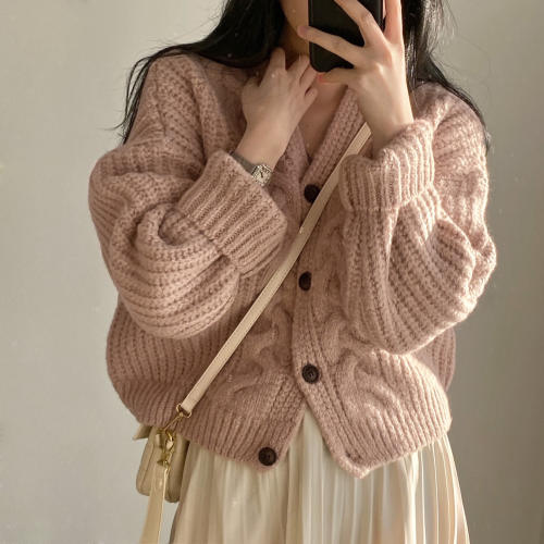有货 韩国chic早秋学生复古麻花毛衣女 宽松开衫毛衣外套女