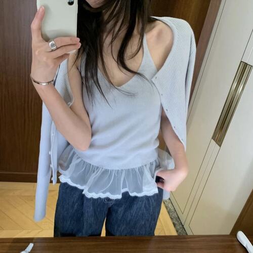 有货 ins韩国小众设计感蕾丝花边拼接吊带毛衣开衫两件套