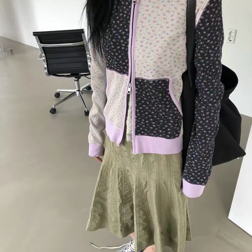 有货韩国博主甜系拼接设计感超强碎花撞色华夫格短款连帽开衫