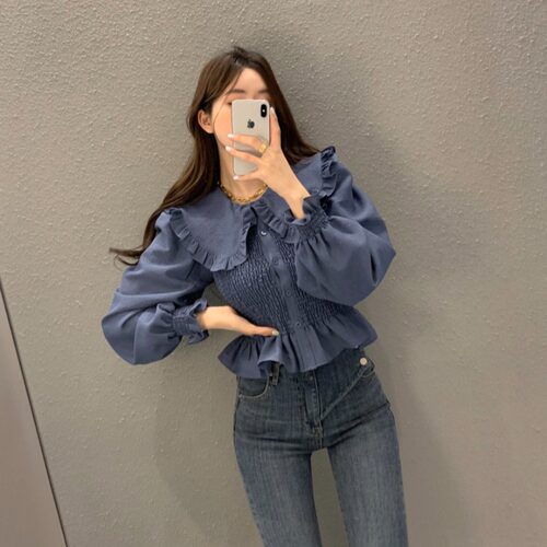 尺码更 有货 韩国chic早秋气质甜美 娃娃领衬衫女长袖衬衣