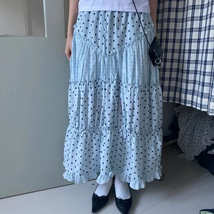 3色夏季日系韩国ins复古小清新可爱薄荷绿波点拼接花边半身裙圆点