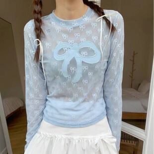 三色韩国ins少女甜美贴布刺绣蝴蝶结蕾丝网纱长袖 上衣T恤日系