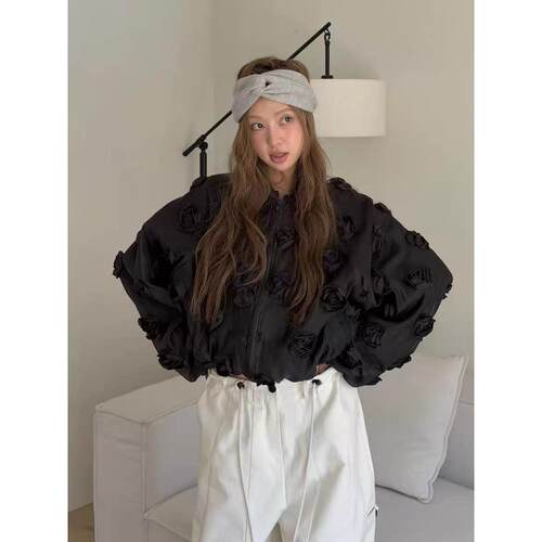 有货～韩国重工立体玫瑰花朵薄纱棒球服外套