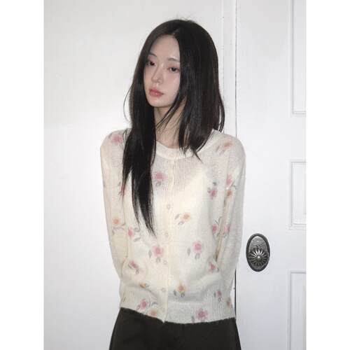 有货 韩国秋季新款柔软舒适印花宽松针织开衫