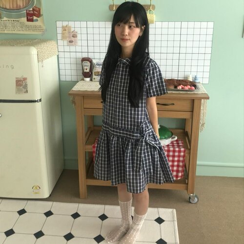 有货 韩版小众日系复古格子百搭减龄娃娃领蝴蝶结系带短袖连衣裙
