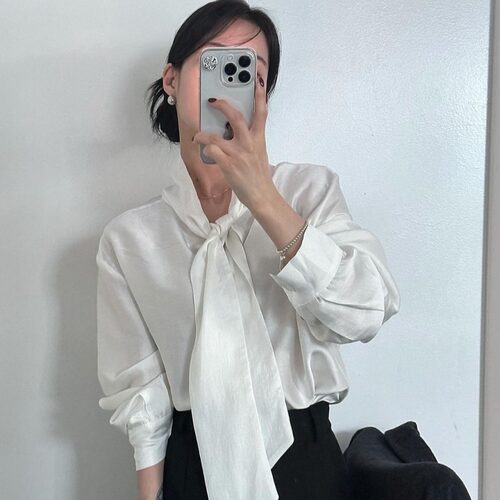 有货  韩国 chic 早秋 氛围感 内搭 飘带 缎面 长袖衬衫女上衣