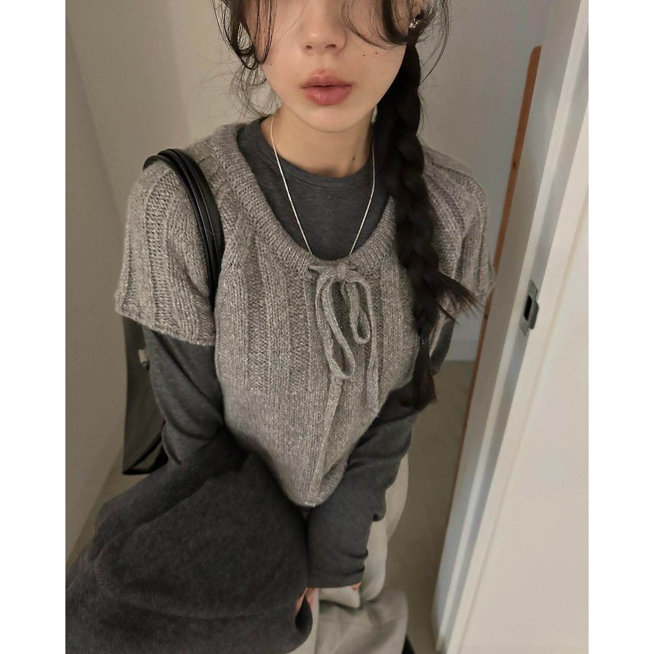 有货 韩国chic秋日新款气质淑女 叠穿 麻花 抽绳 短袖 毛衣女