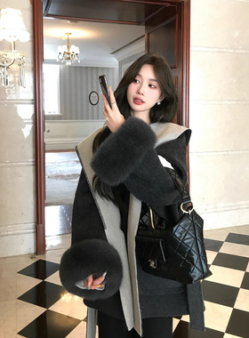 25冬季新款AB面拼色袖口狐狸毛双面羊绒大衣女连帽羊毛呢皮草外套