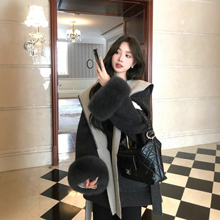 25冬季新款AB面拼色袖口狐狸毛双面羊绒大衣女连帽羊毛呢皮草外套