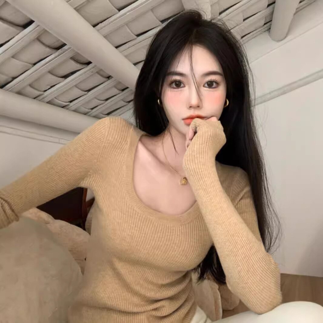 洋气锁骨U领毛衣针织打底衫女秋冬季长袖内搭低领级感紧身上衣女
