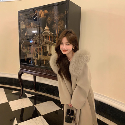 雪后25冬新款狐狸毛领连帽长款双面羊绒大衣女气质高级羊毛呢外套