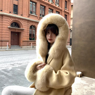 雪山大衣25冬季新款高级感连帽狐狸毛双面羊毛大衣羊毛呢皮草外套