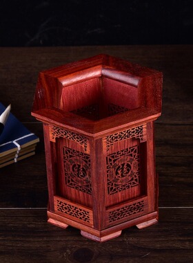 红酸枝六角/八角笔筒 红木旋转笔筒家居办公文房摆件木质工艺礼品