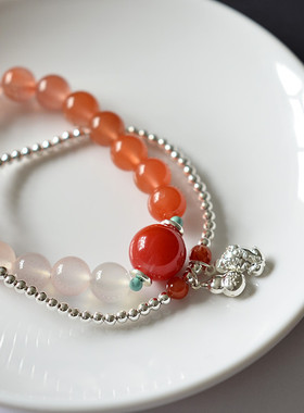 天然南红渐变果冻色荔枝冻原矿绿松纯银小珠子双圈设计中国风