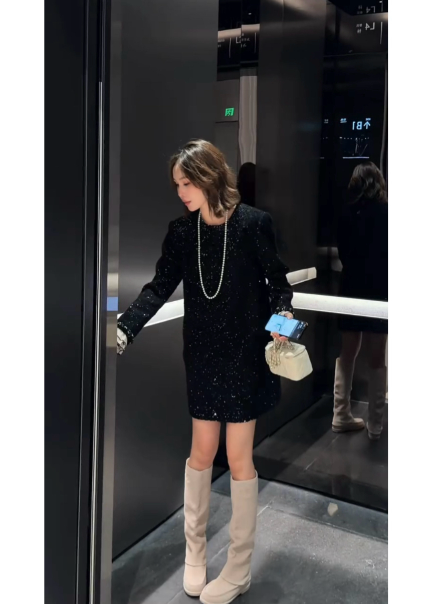 法式小香长袖亮片连衣裙女2025新款名媛气质小黑裙显瘦a字直筒裙,女装/女士精品,卫衣/绒衫,淘宝优惠券,粉丝福利购,淘宝优惠卷