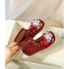 女童水晶靴子2024秋冬红色儿童皮靴马丁靴蝴蝶结小女孩雪地靴单靴