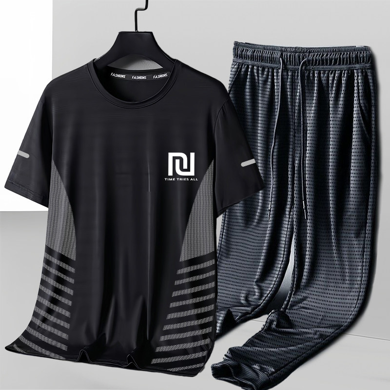 冰感休闲套装男士夏季透气速干弹力短袖长裤男圆领运动服套装男潮