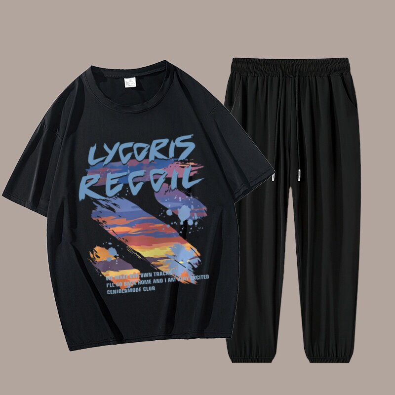 速干运动套装男夏季潮流宽松冰丝短袖t恤休闲九分裤长裤两件套