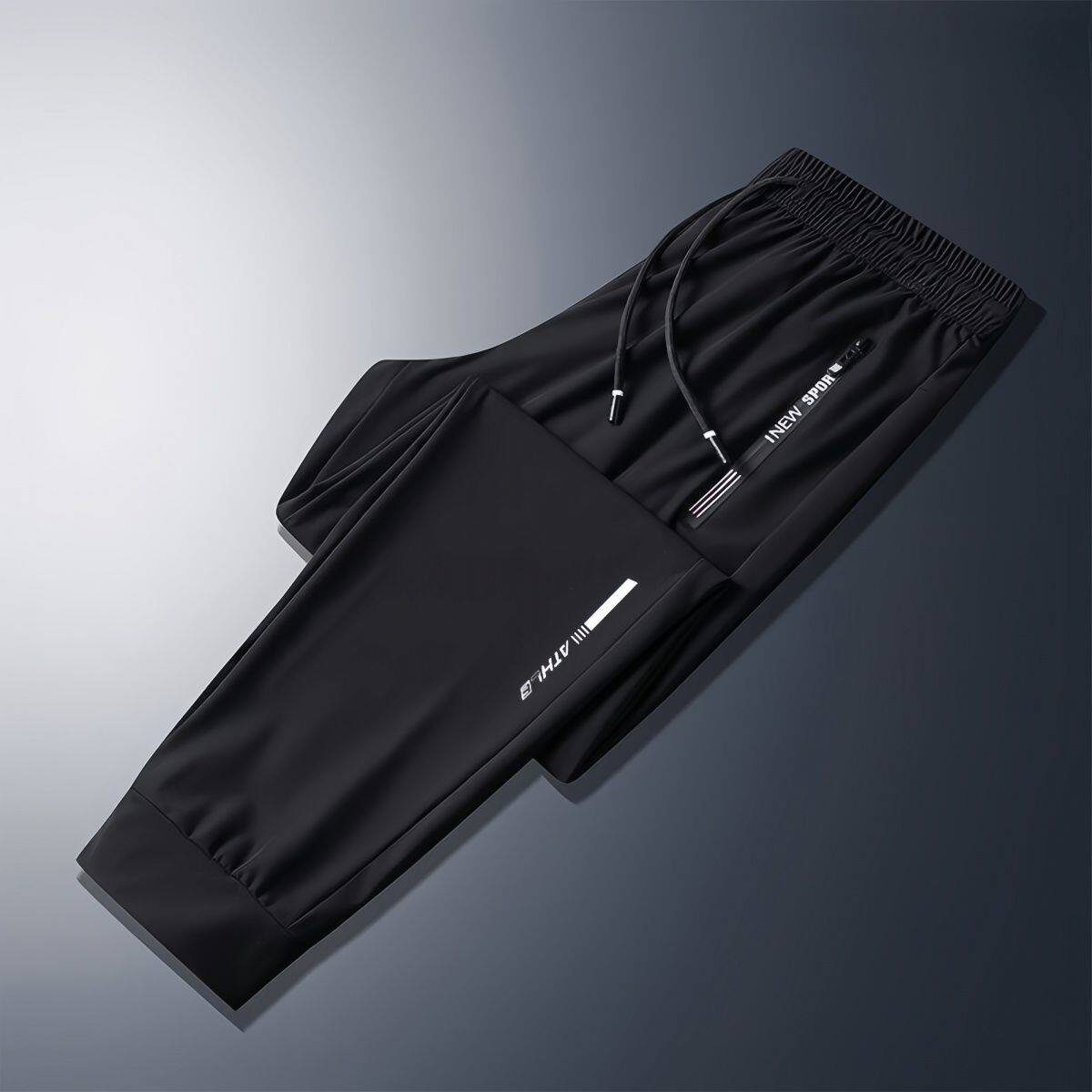 夏季薄款锦纶冰丝长裤男弹力透气速干裤宽松大码拉链束脚运动卫裤