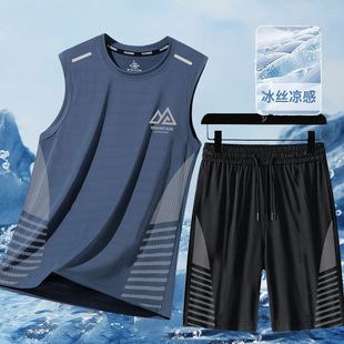 无袖 男士 冰丝2件装 t恤短裤 夏季 宽松透气网眼速干背心运动五分裤