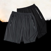 大码 男运动裤 薄款 口袋速干五分裤 冰丝透气高弹锦纶拉链休闲裤 夏季