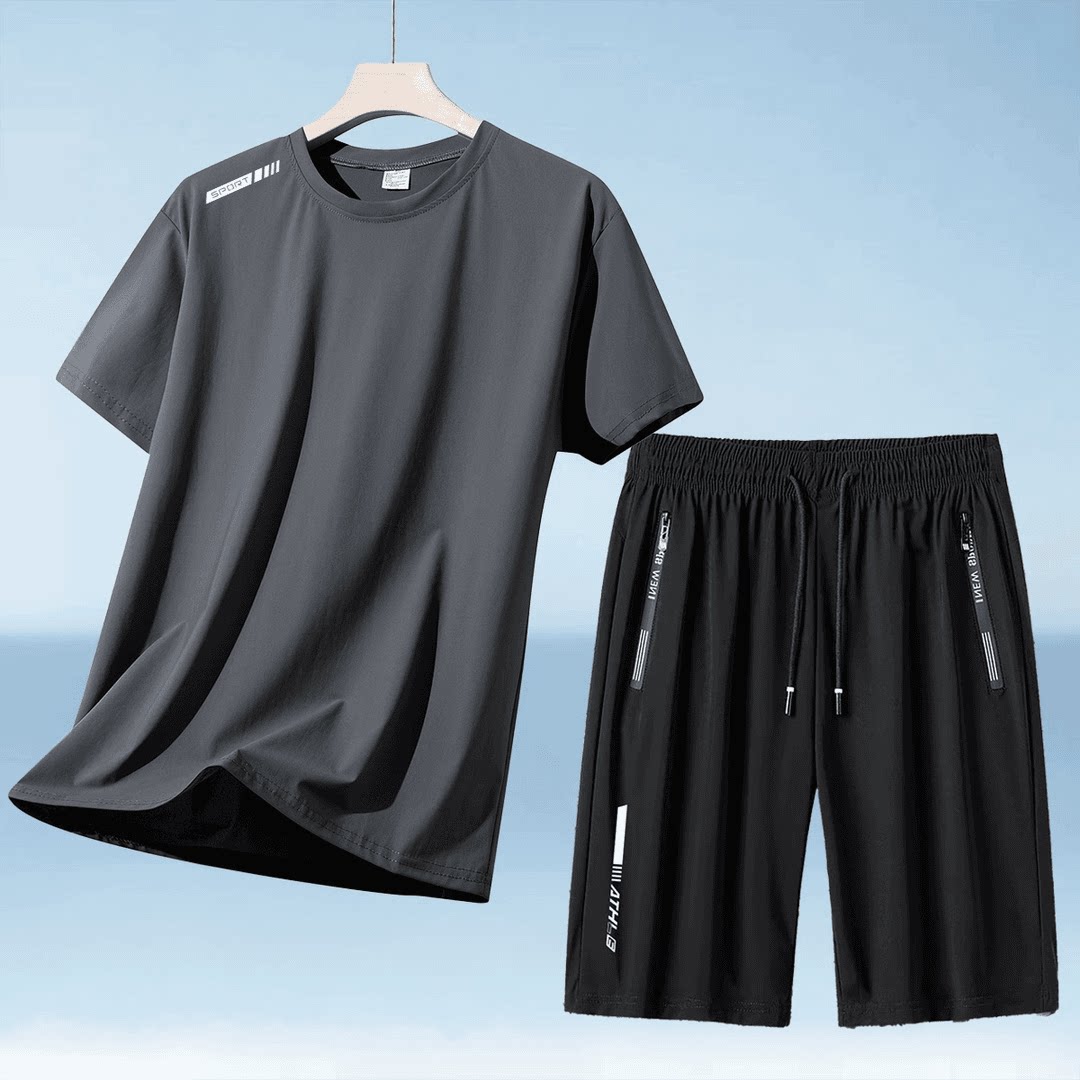 冰丝运动套装男士夏季薄款短袖T恤跑步速干弹力休闲短裤