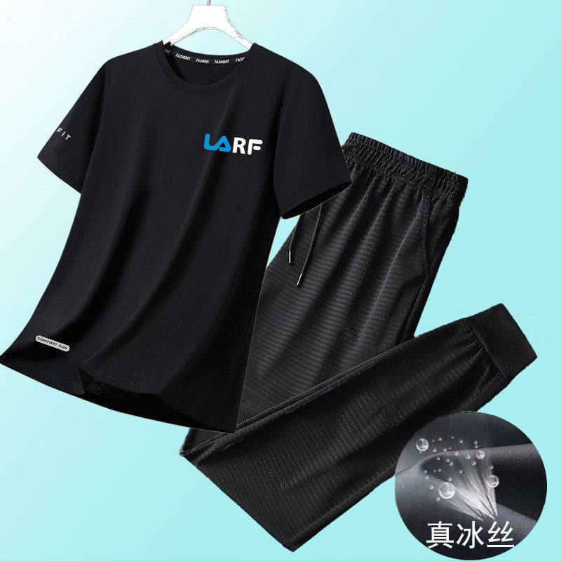冰感休闲套装男士夏季透气速干弹力短袖长裤男圆领运动服套装男潮