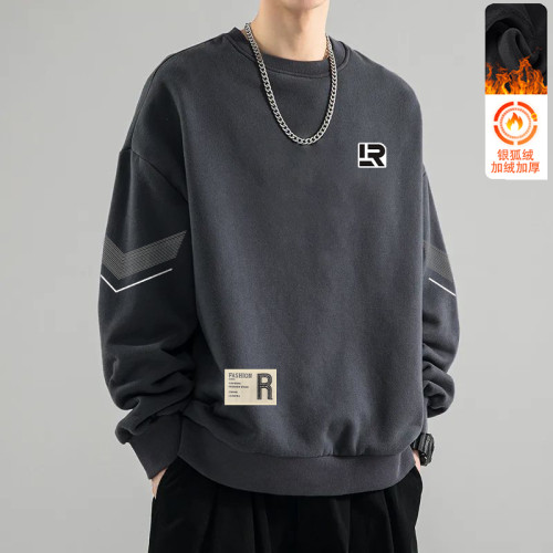 【精选】男士长袖T恤潮牌加绒秋冬上衣服男卫衣青年体桖内搭打底�