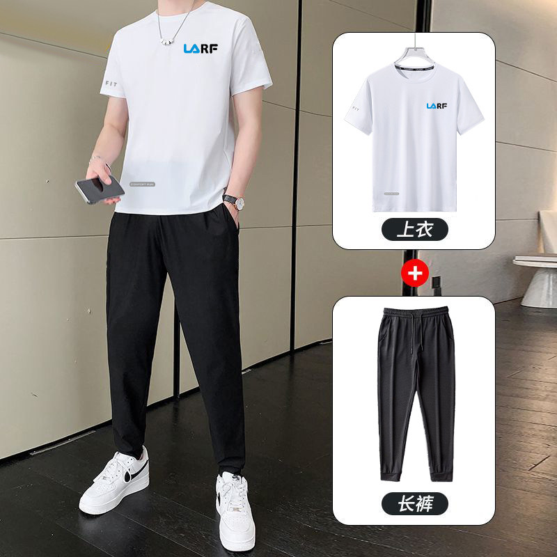 【冰丝套装】夏季男士速干运动短袖T恤青年百搭冰丝裤宽松上衣