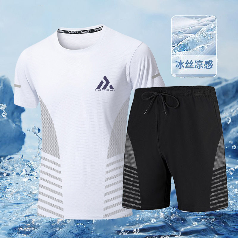 冰感休闲套装男士夏季透气速干弹力短袖短裤男圆领运动服套装男潮