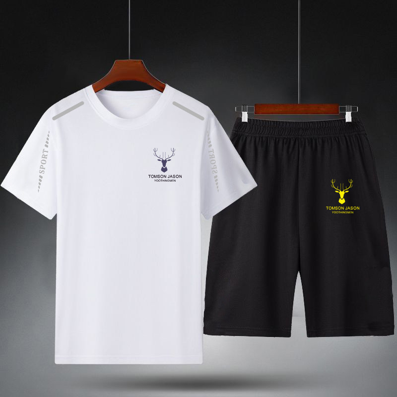 冰丝运动套装男士休闲夏季薄款短袖跑步速干大码弹力短裤潮流