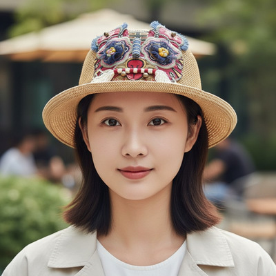 上新四季款女士国风重工刺绣虎头遮阳帽透气防晒渔夫帽子文艺休闲