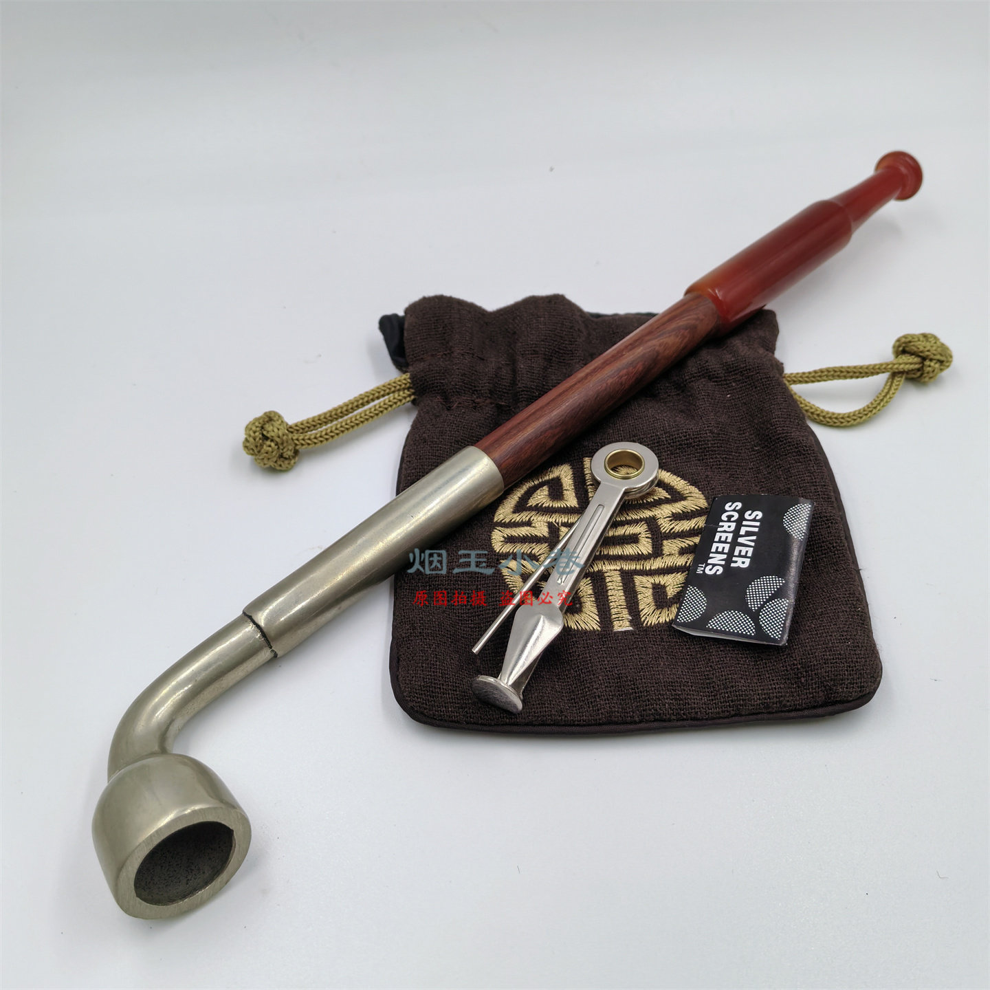 粗款手工旱烟袋红玛瑙烟袋嘴非洲黄花梨旱烟杆白铜大窝烟锅头烟斗