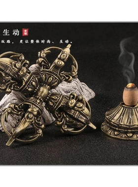 尼泊尔工艺纯铜五股杵金刚摆件红铜做旧降魔杵精工家居供奉带底座