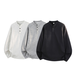 4万件华棉280g2026春款英伦雅痞亨利领长袖T华棉3D冷光T2595特P18，男装T恤，电商A030-1