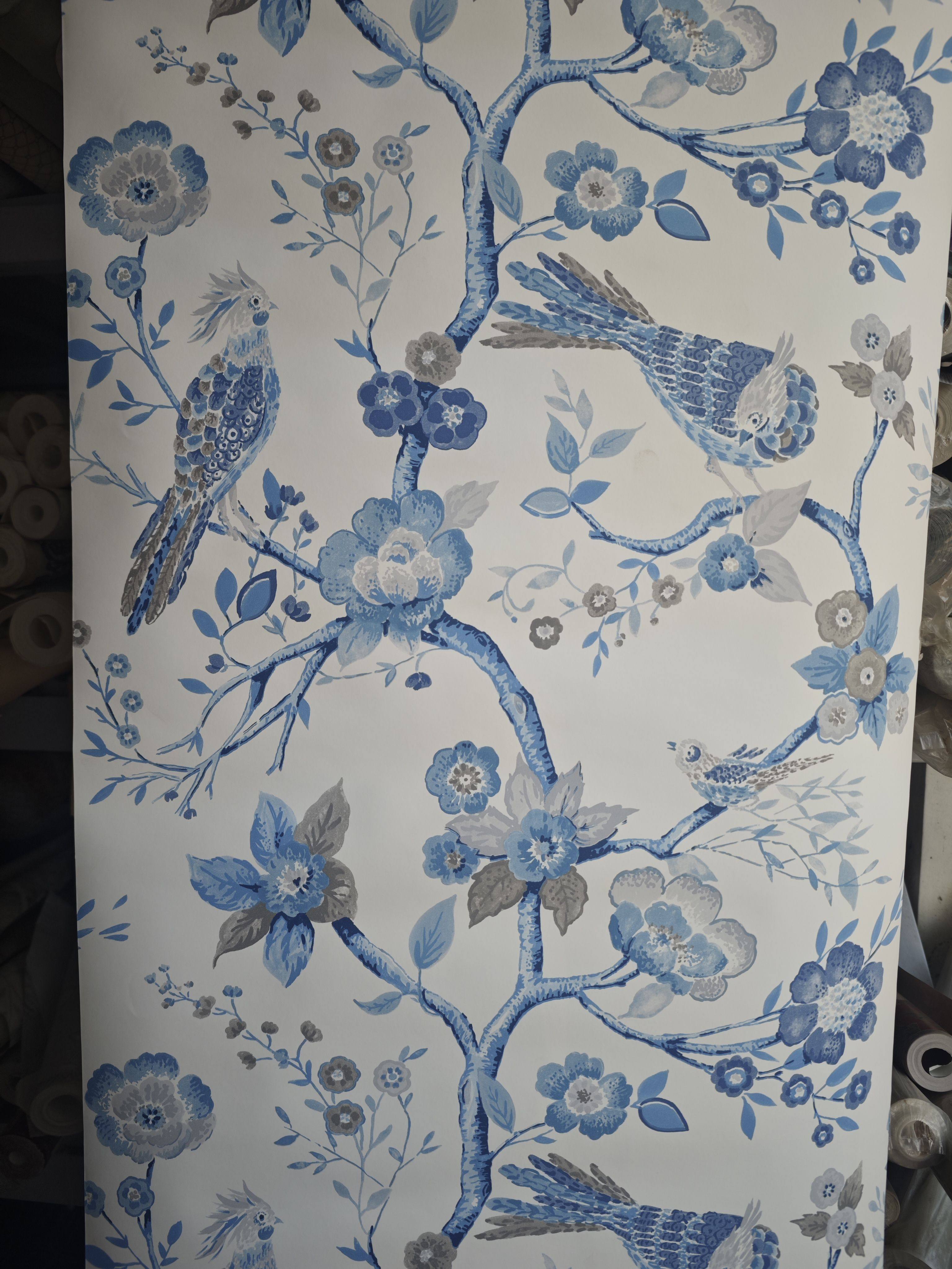 进口纯纸壁纸5.3m²美式乡村清新水墨蓝白花鸟客厅卧室床头背景墙