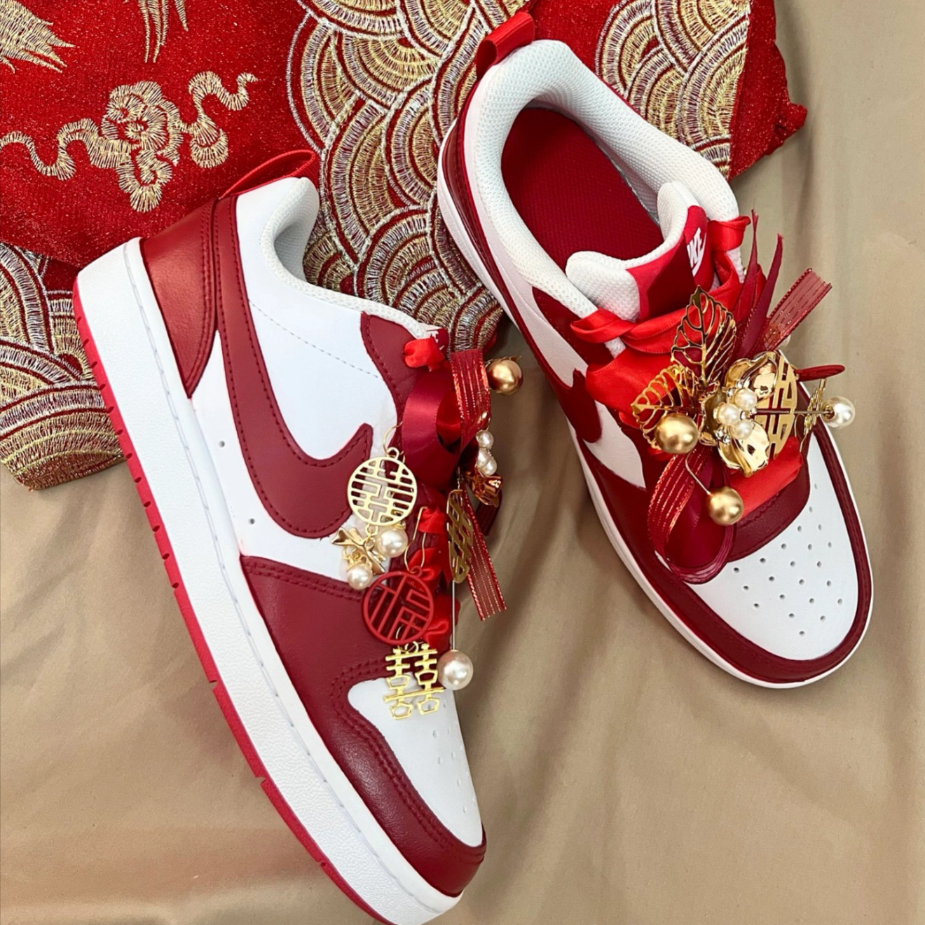 球鞋定制 Nike Court Borough 红色耐克秀禾国风女子中式婚鞋板鞋