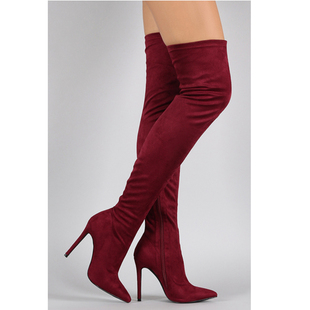 特价现小瑕疵长筒过膝瘦腿靴 尖头细跟高跟绒面靴子简约时尚长靴
