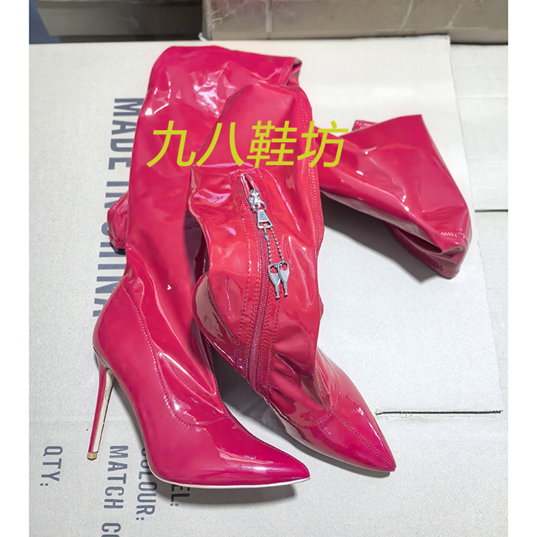 定制款  情趣带锁拉链 性感尖头时尚过膝弹力长筒尖头高跟靴子